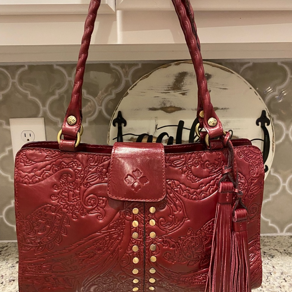Patricia Nash Rienzo Satchel in Deep Raspberry Tooled Italian Leather - Picture 3 of 10